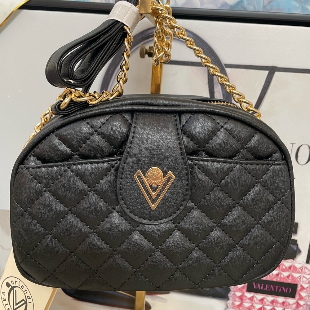 Valentino Orlandi Black Quilted Crossbody Bag with Gold Accents